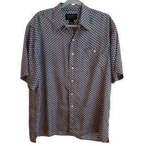 Bogari Studio Silk Shirt Mens Medium Blue Geometric Button Down Short Sleeve
